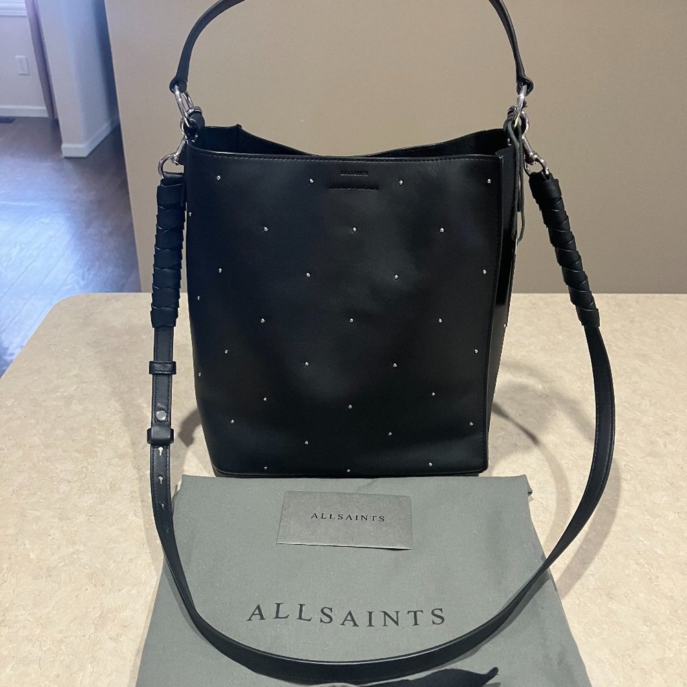 ALLSAINTS Black Leather Kathi Studded Sm N/S Tote Shoulder Bag  *RARE*